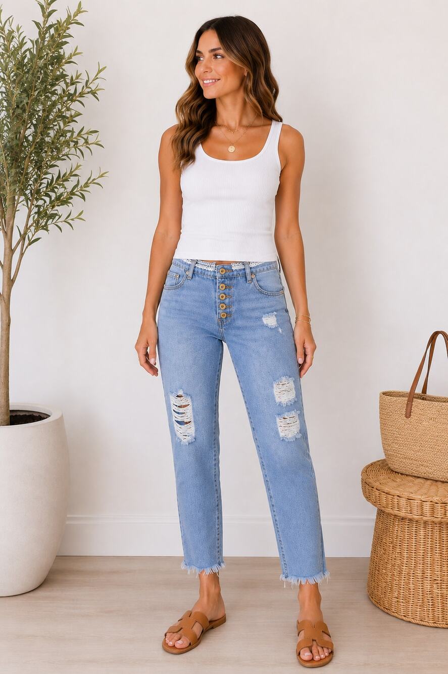 POL Distressed Cropped Button Fly Jeans Small Light Wash Boho Denim